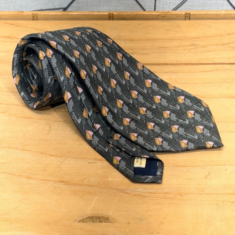 Villa Bolgheri Italia Mens Silk Necktie‎ Grey Pink Gold Geometric Made in Italy